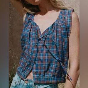 Doen Roselle Top in Azure French Plaid, Size Small